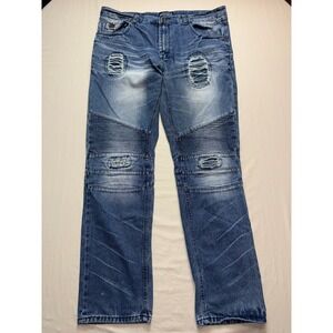 Parish Nation Mens Moto Distressed Jeans Blue Denim Ripped Size 40x32